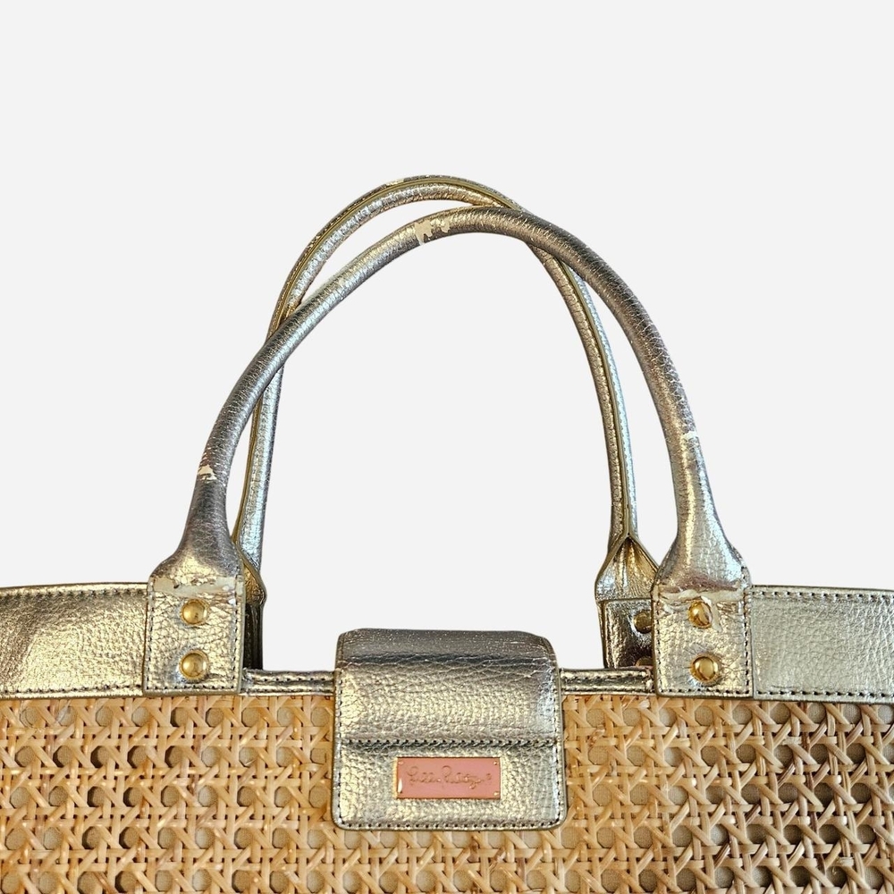 Lilly Pulitzer Tan Woven Tote with Metallic Gold Trim - Picture 3 of 4